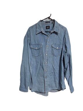 Gap Denim Button Up Shirt Mens Size Large Blue Two Pockets Long Sleeves Cotton
